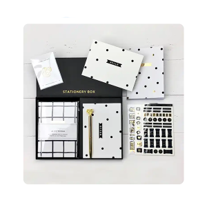 Custom Luxury Hardcover Black And Gold Letterbox Gift Stationery Gift Set With Stickers